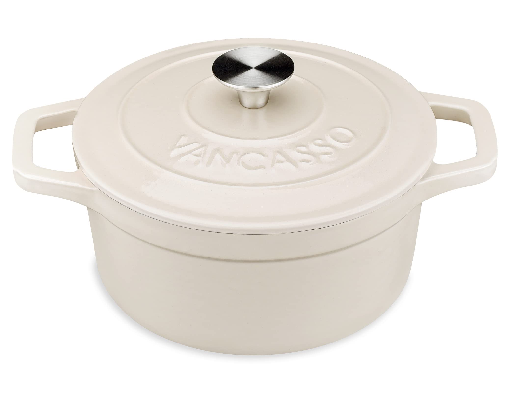 Vancasso Gusseisen Bräter 2L | Rund, Creme Weiß | Multi-Herdarten geeignet | Ideal zum Brot Backen & Schmoren