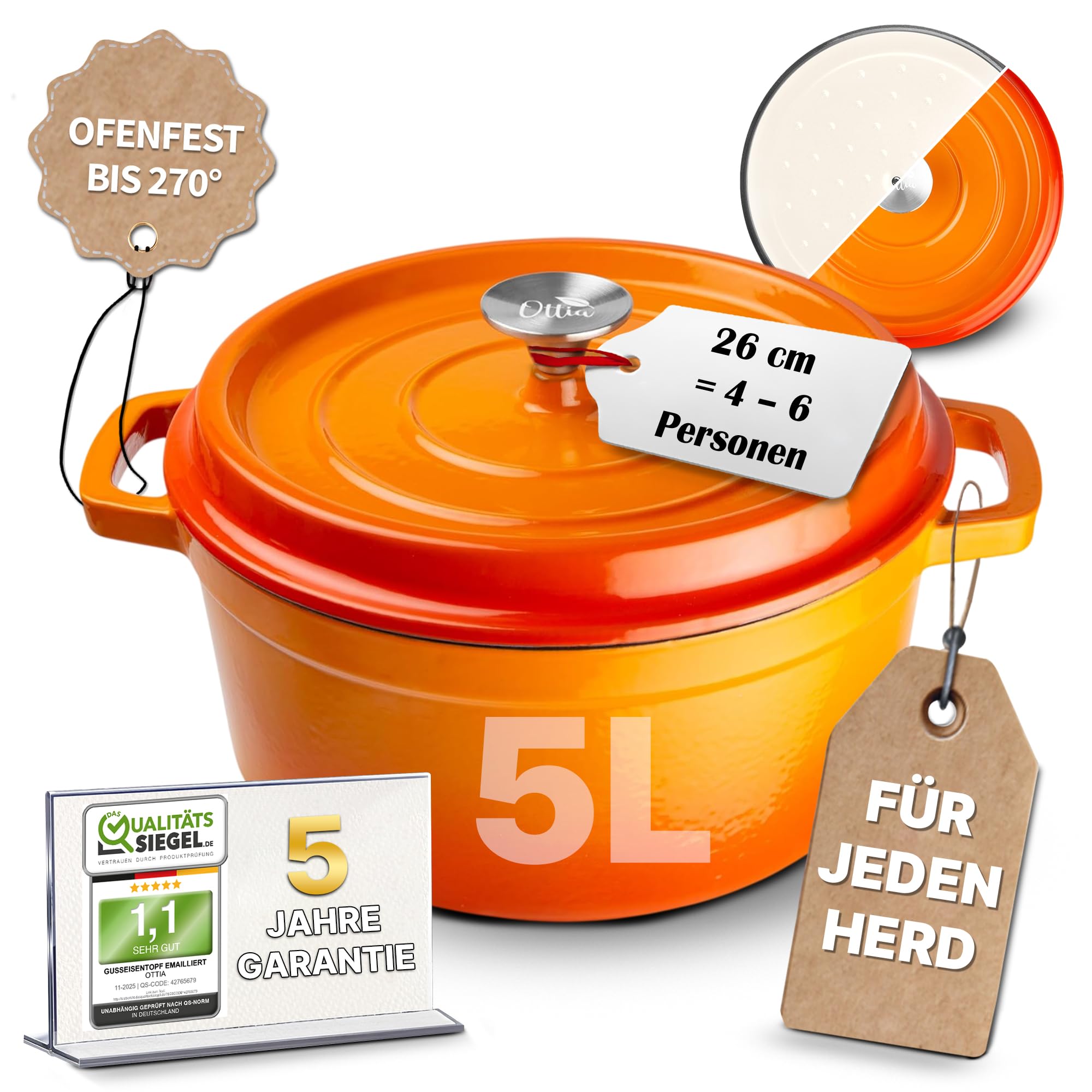 Ottia Gusseisen Topf, 26 cm, Premium Emaille Schmortopf mit Deckel, perfekt für alle Herdarten, ofenfest, ideal zum Brot