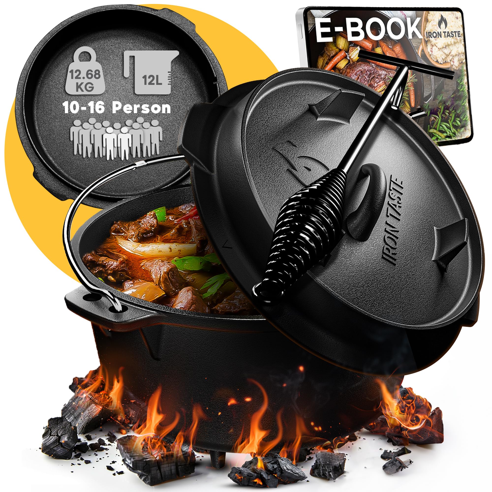 Eingebrannter Dutch Oven 12L - Gusseiserner Feuertopf mit Füßen & Deckelheber für 10-16 Personen - Perfekt für BBQ und L